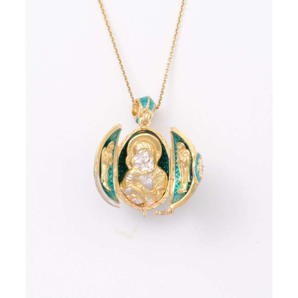 Emerald Green Faberge-Style Egg Locket With Icon and Angels (18" chain)