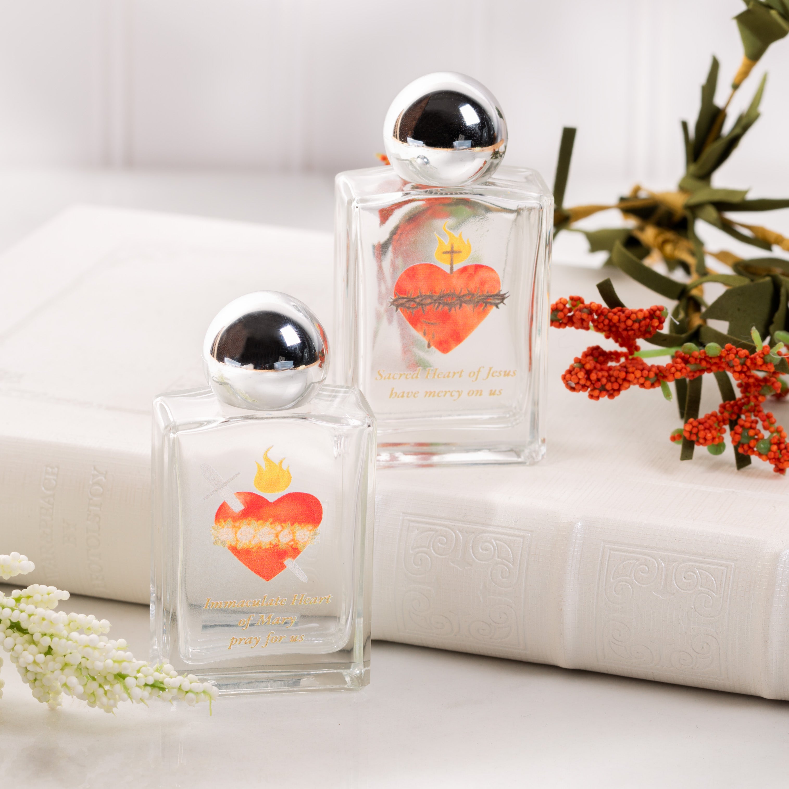 Sacred Heart & Immaculate Heart Holy Water Bottles - Set of 2