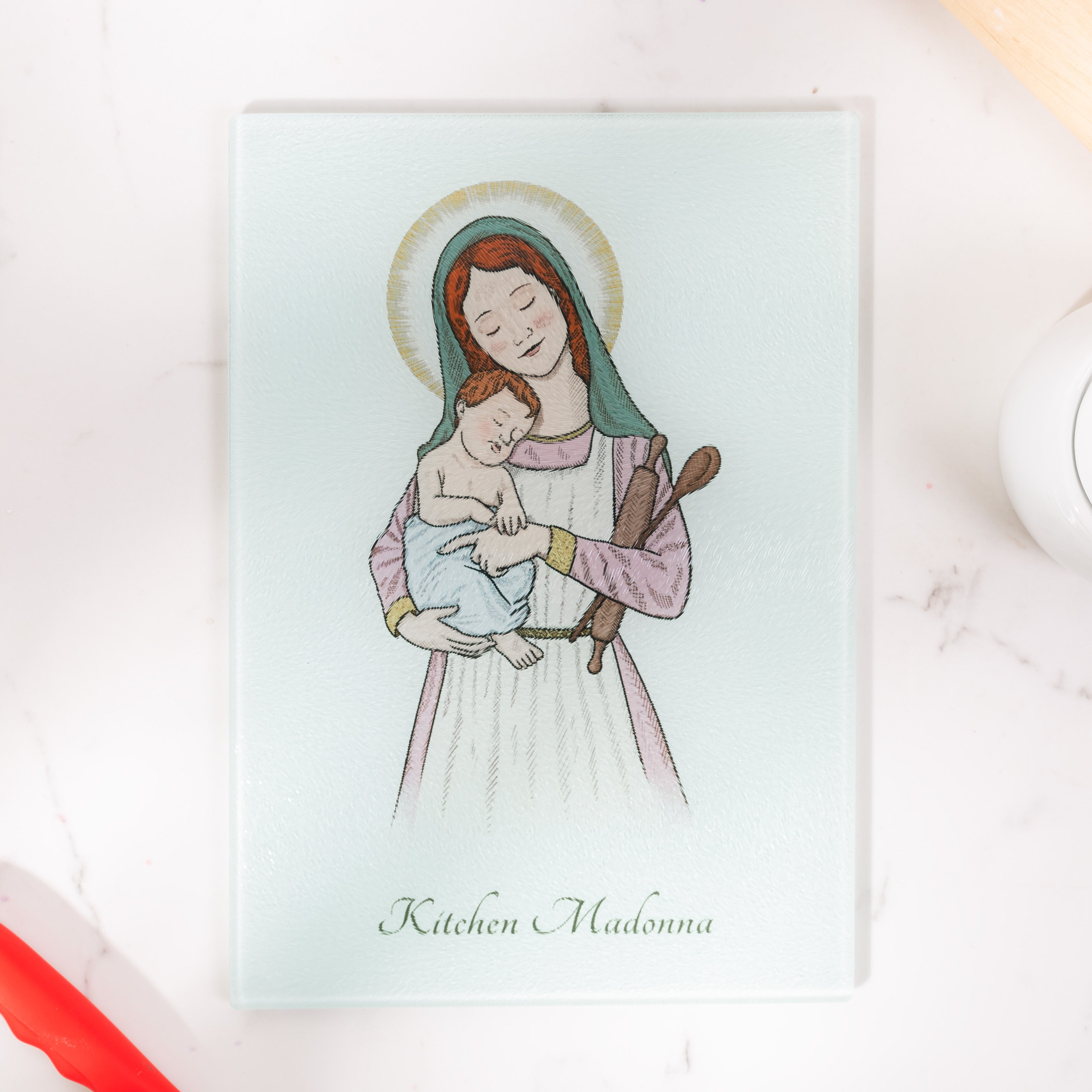 Kitchen Madonna & Child Glass Cutting Board