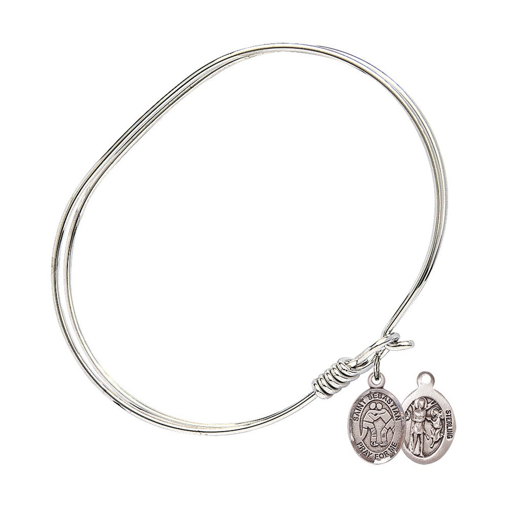 Adult 7" Oval Rhodium Plated Bangle Bracelet with St. Sebastian/Wrestling Medal Charm
