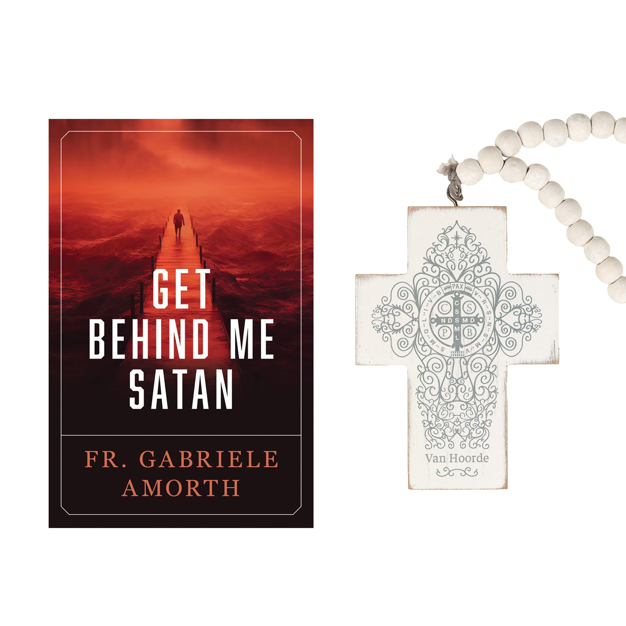 Get Behind Me Satan Book & St Benedict Home Blessing Hanging Cross Set