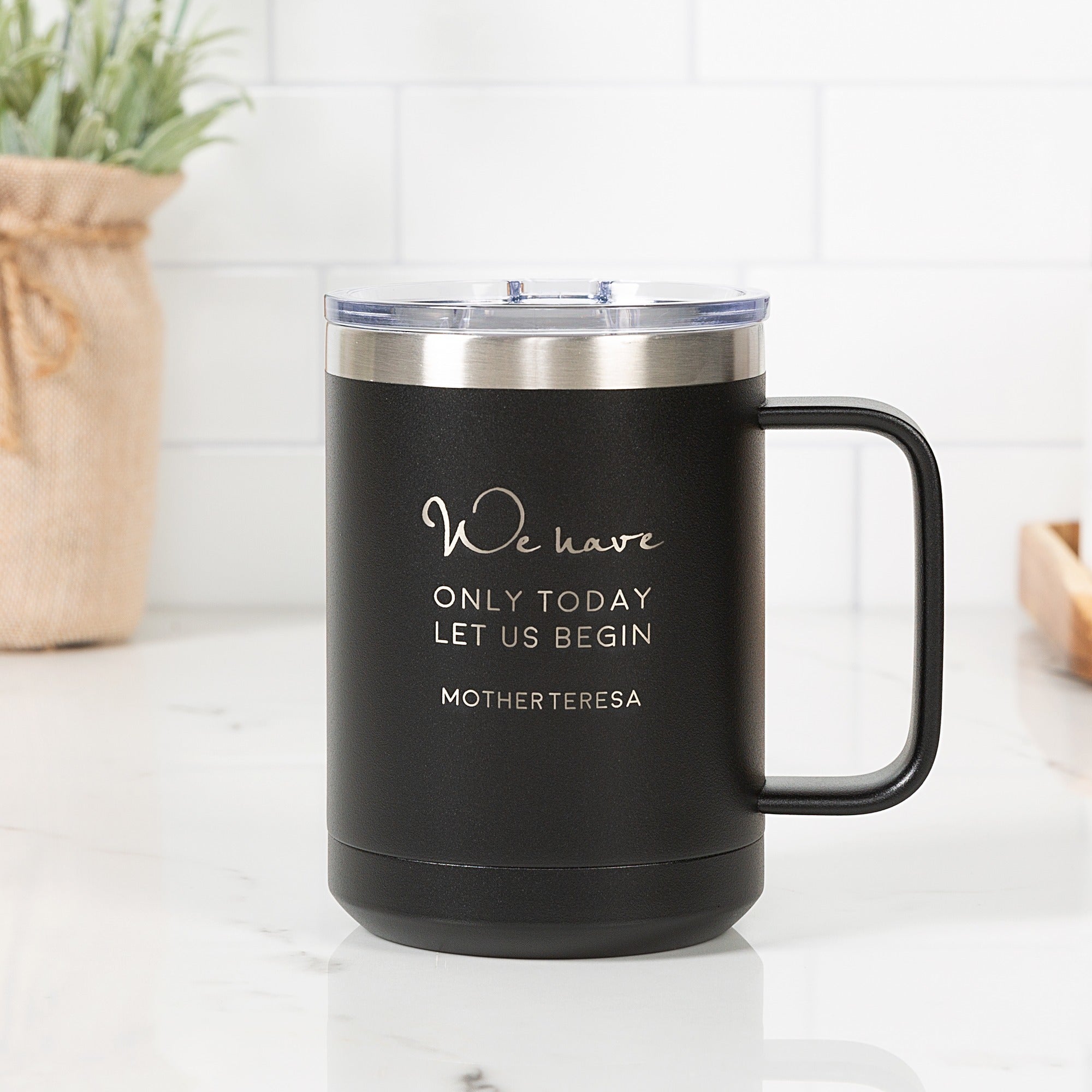 begin coffee cup Personalized Let Us Begin Black Travel Mug