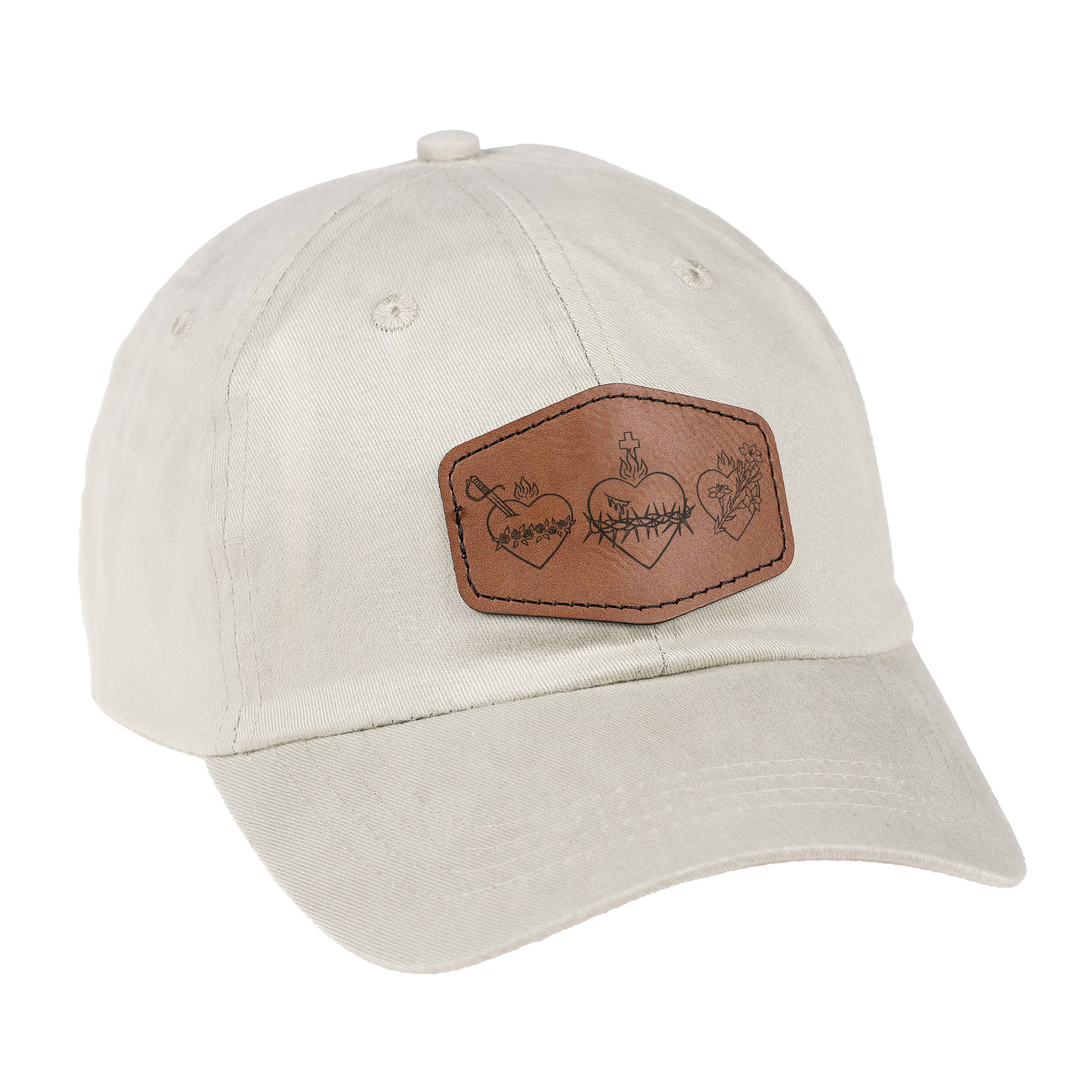 Three Hearts Leather Patch Ball Cap - stone