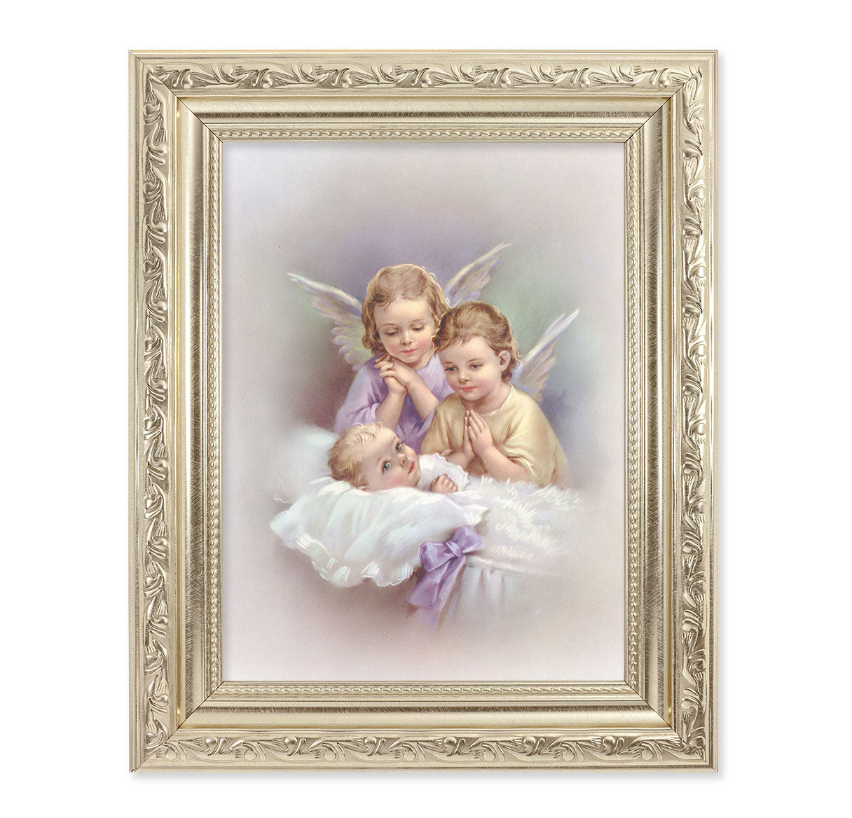 Guardian Angels & Sleeping Child in Silver Acanthus Leaf Frame - 8.25" x 10.25"