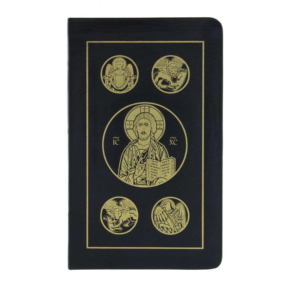 Black, leather-bound book with a gold icon of Jesus and gold circular symbols.