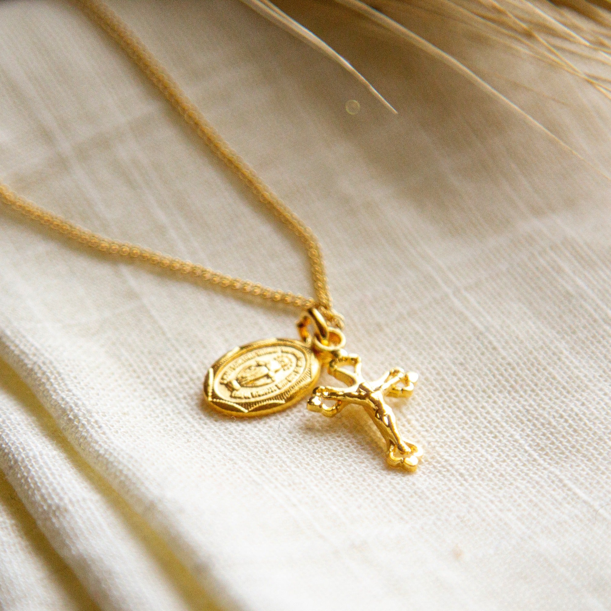 Gold Plated Petite Miraculous Medal Crucifix Necklace
