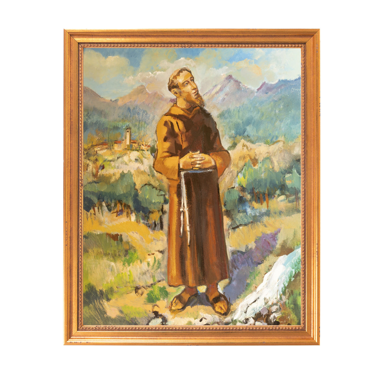 Framed painting shows a friar standing in sandals, wearing brown robes, with a mountainous background.