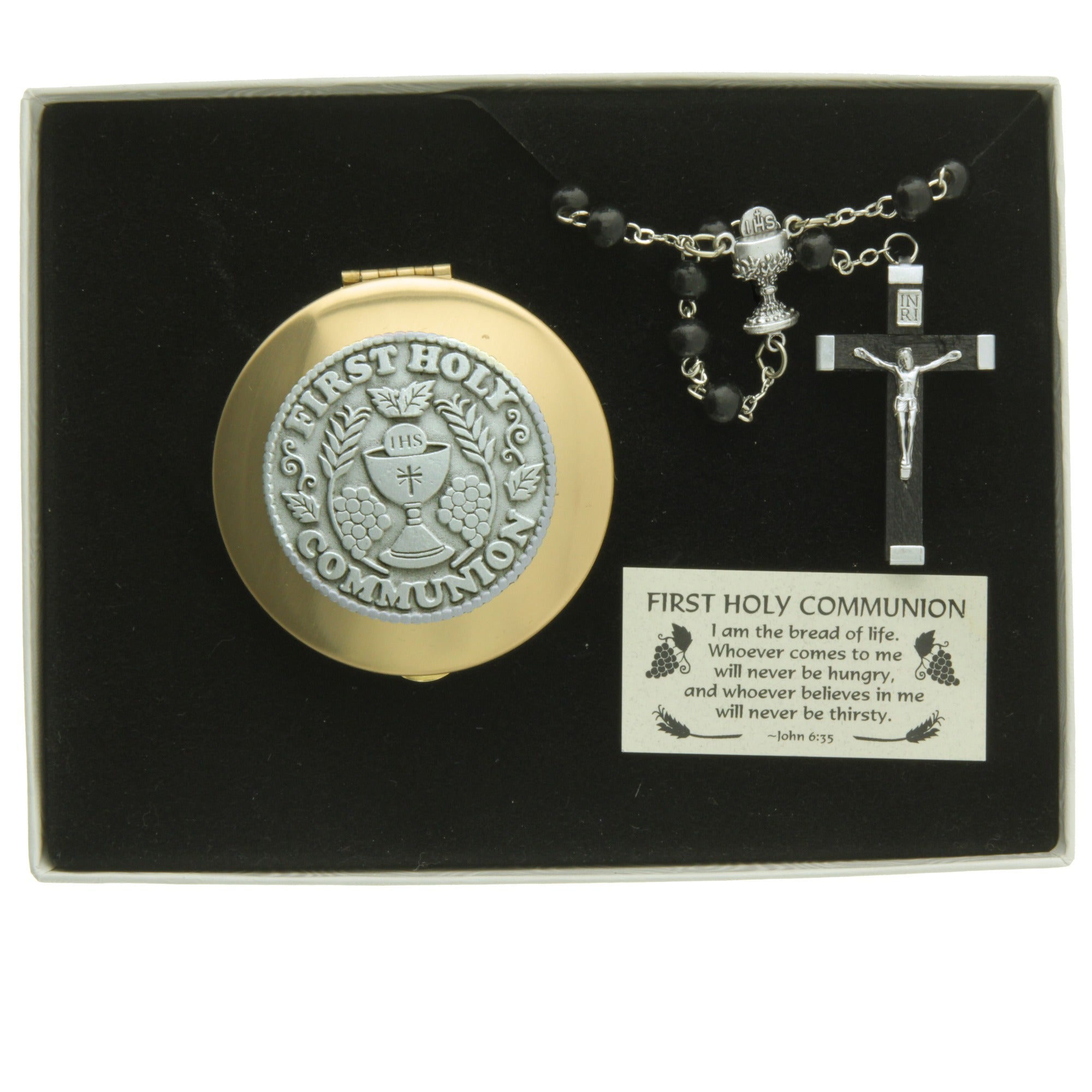 First Communion Black Rosary with Keepsake Box
