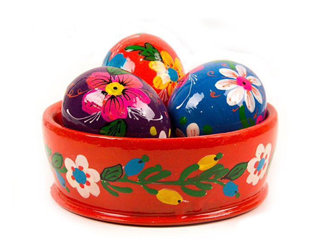 Hand Painted Ukrainian Easter Eggs & Red Bowl
