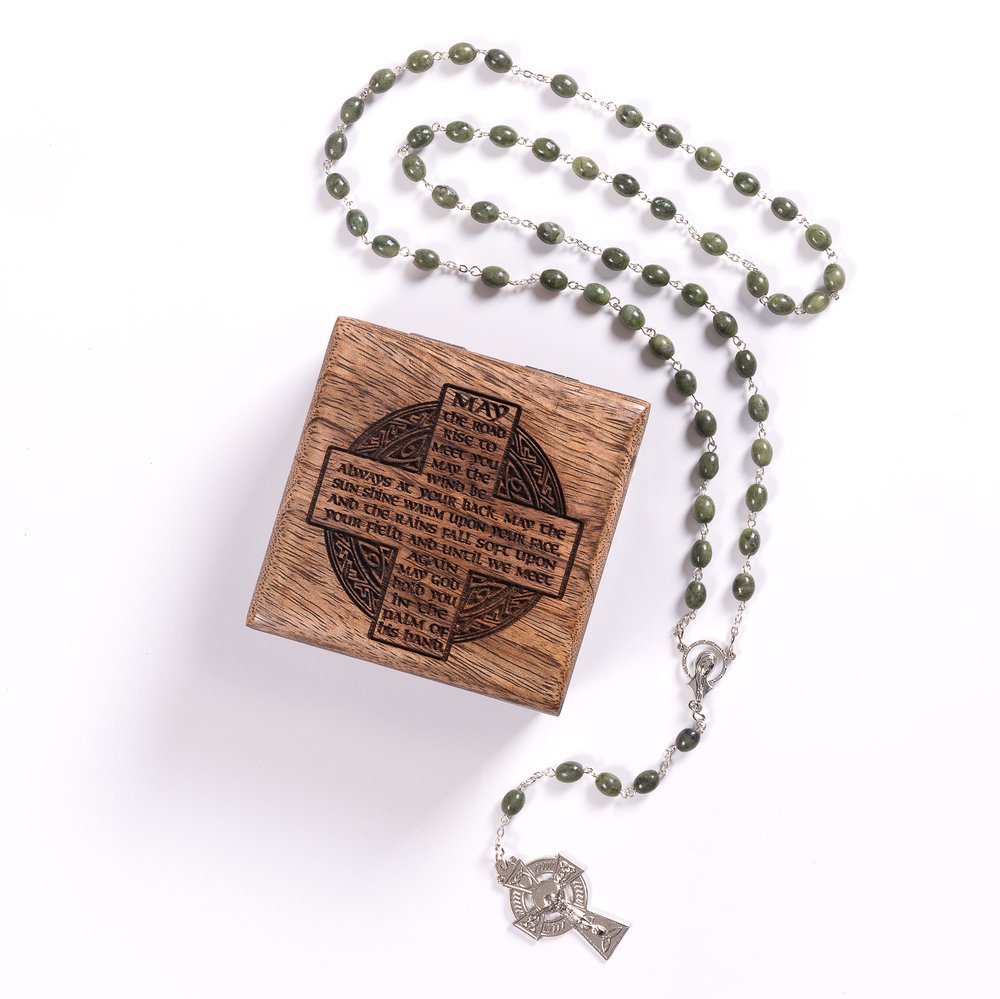 Personalized Irish Blessing Keepsake Box with Connemara Marble Rosary