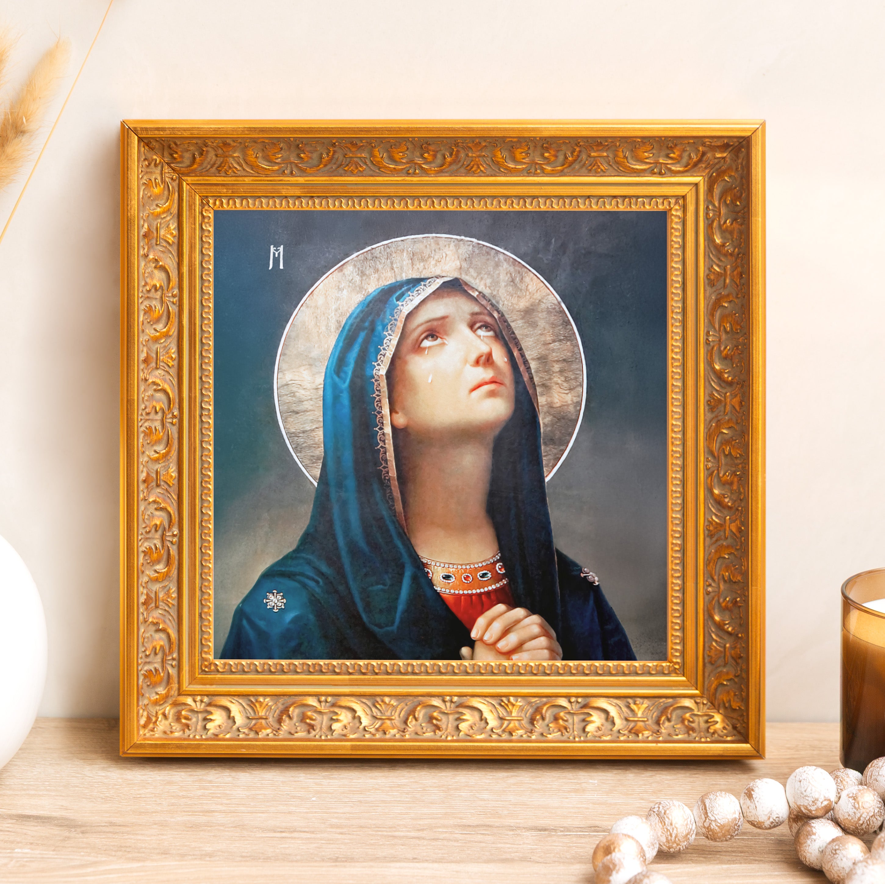Framed print of Mater Dolorosa with a gold frame depicting the Virgin Mary in prayer with tears streaming down her face.