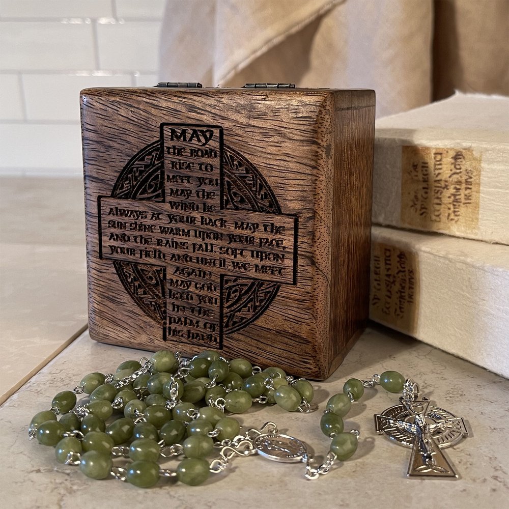 Personalized Irish Blessing Keepsake Box with Connemara Marble Rosary