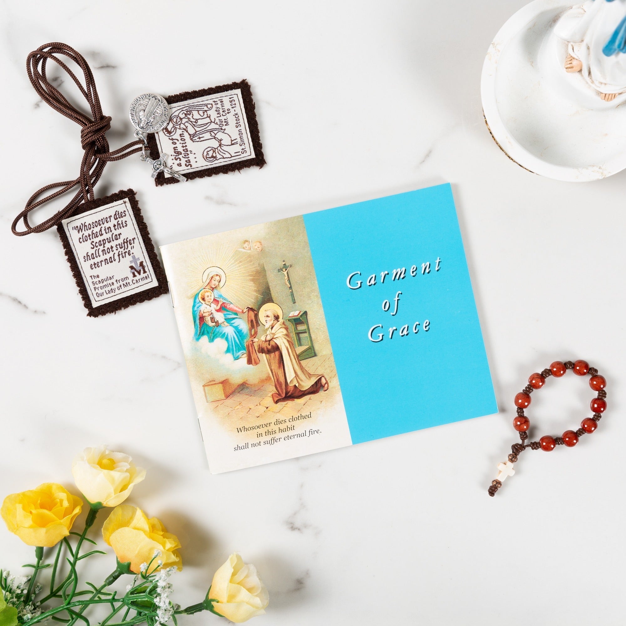 Brown Scapular, Prayer Book, & Carmelite Decade Rosary Gift Set (3 Piece Set)