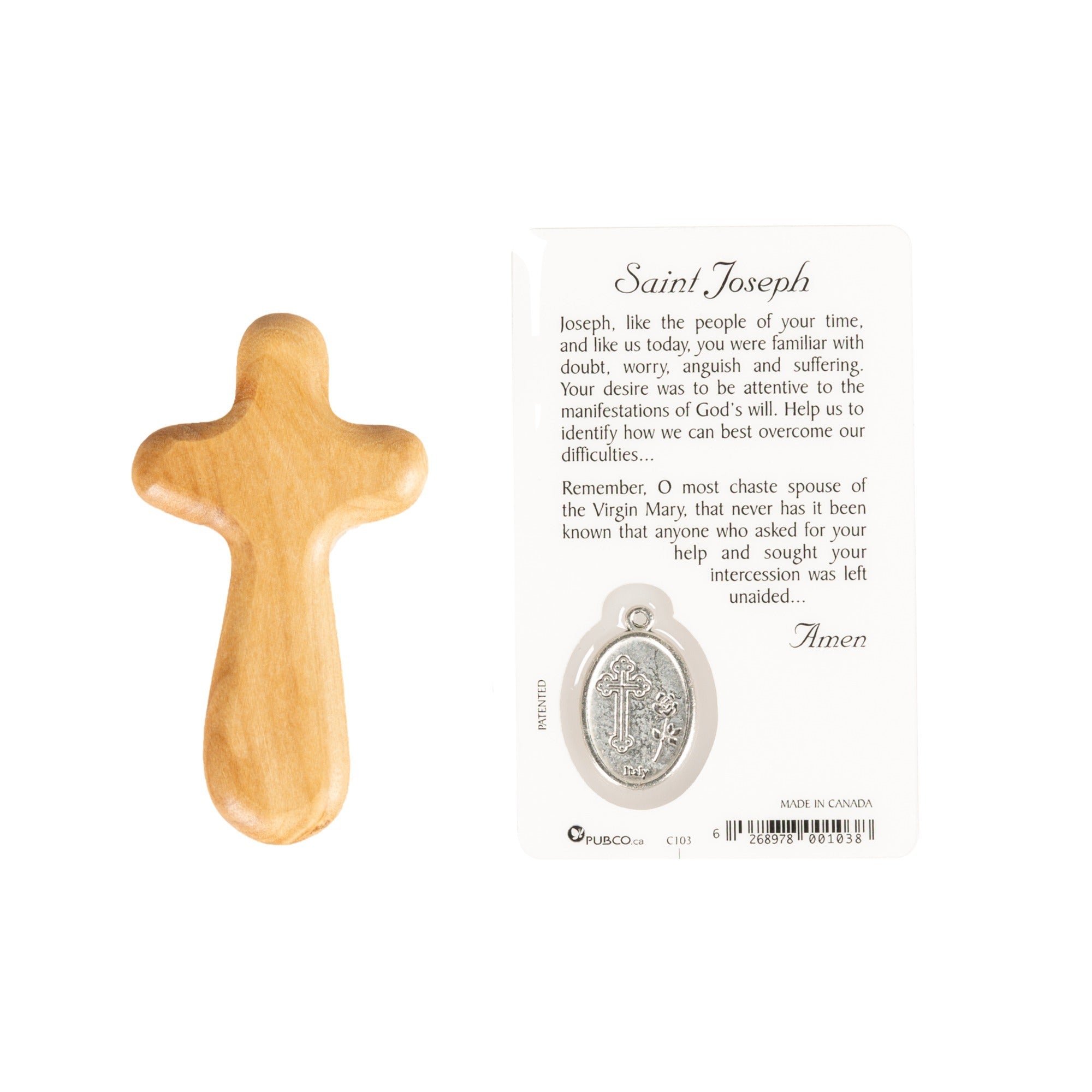 St. Joseph Prayer Card & Olive Wood Comfort Cross Set