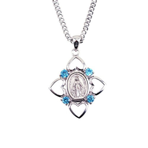 Sterling Miraculous medal with 4 Hearts and Blue CZ- stones