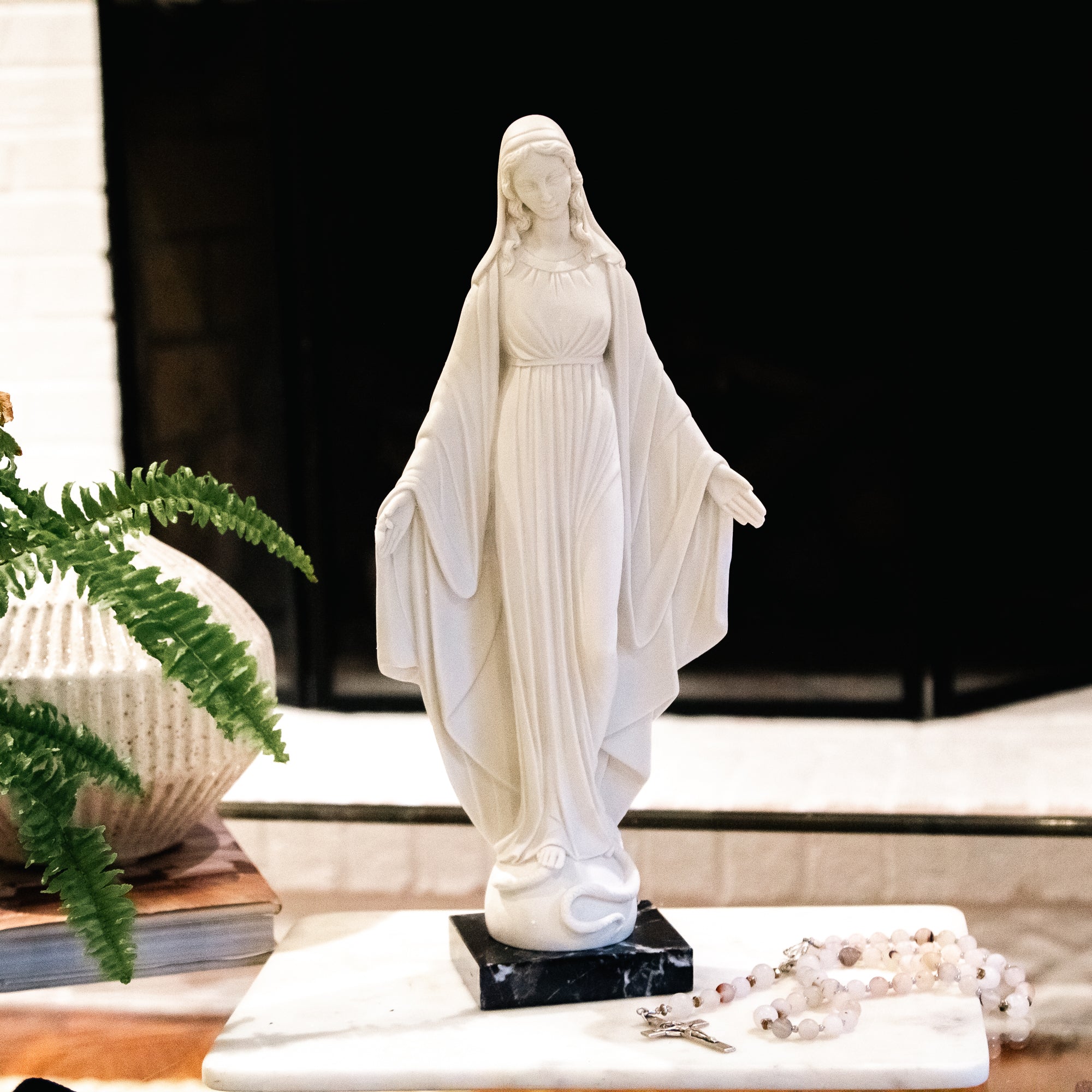 White Miraculous Mary Statue on Marble Base - 13"