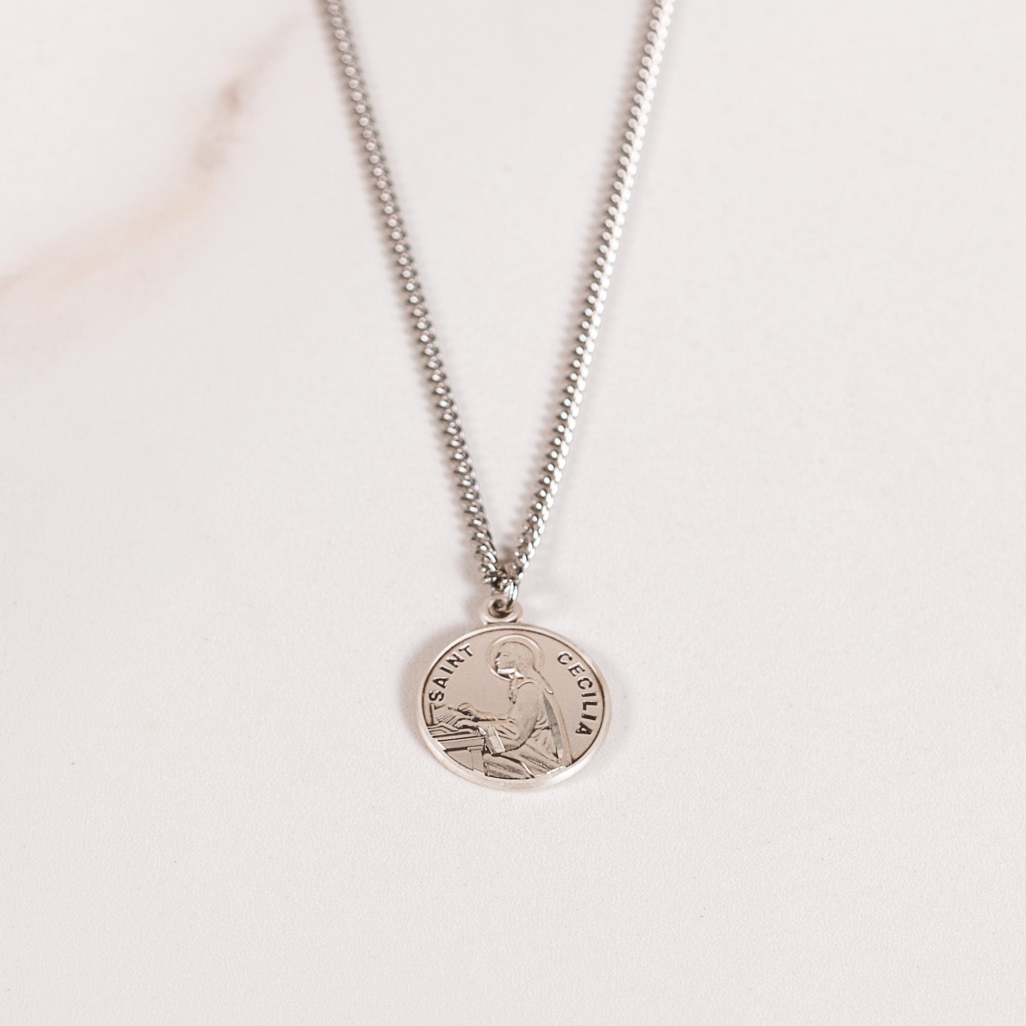 Petite Sterling Round St. Cecilia Medal Necklace