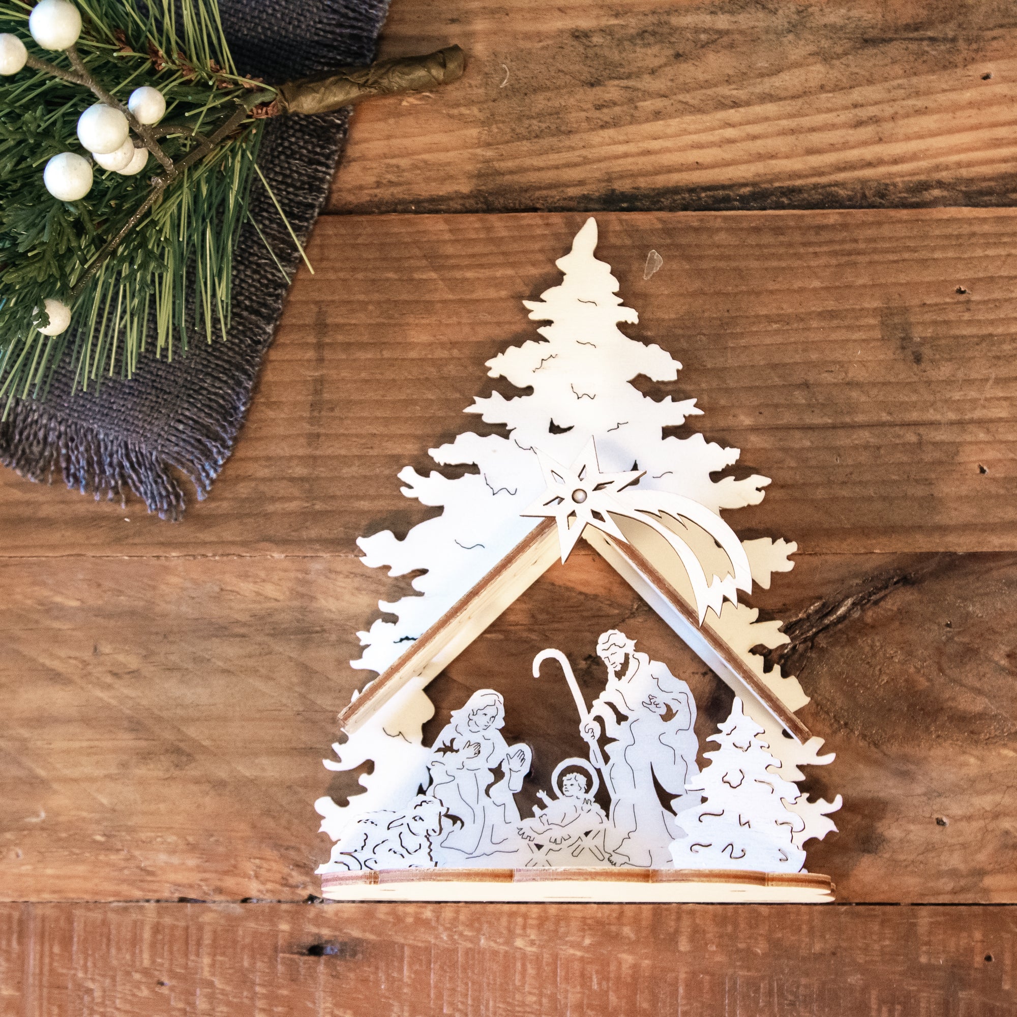 Holy Family Laser Cut Wood Nativity Tree - 6"
