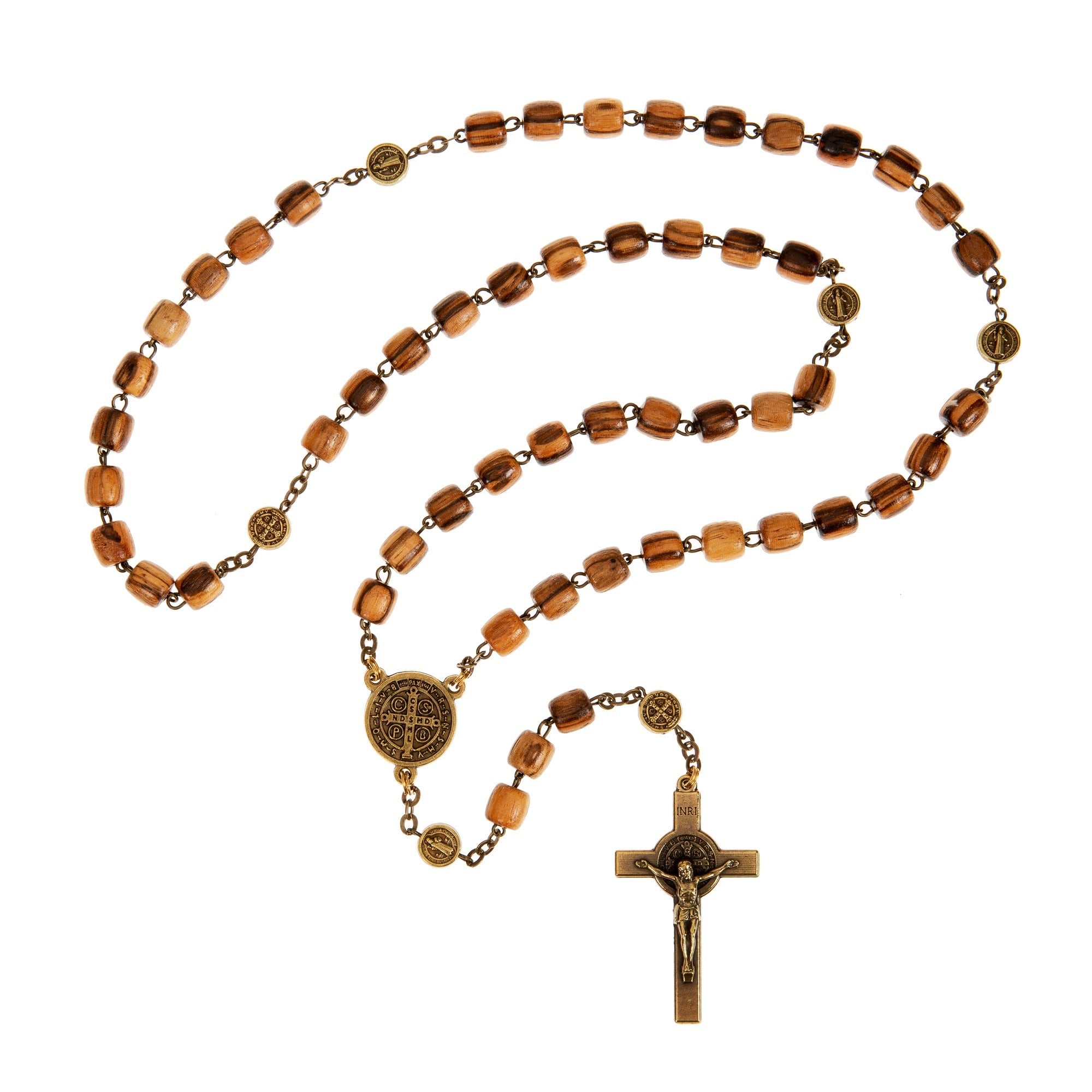 St. Benedict Gold Tone and Wood Rosary