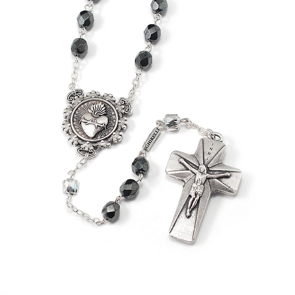 Antique Silver & Hematite Sacred Heart Rosary
