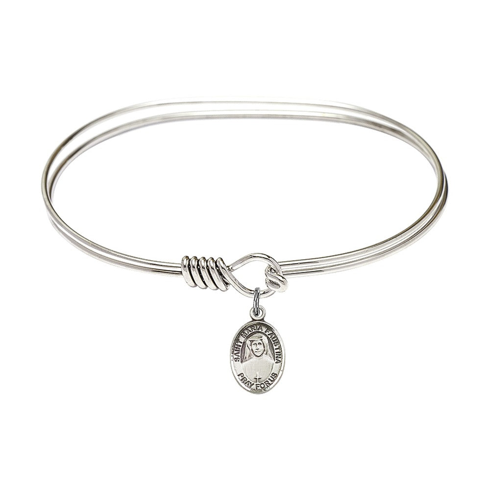 Adult 7" Oval Rhodium Plated Bangle Bracelet with St. Maria Faustina Medal Charm