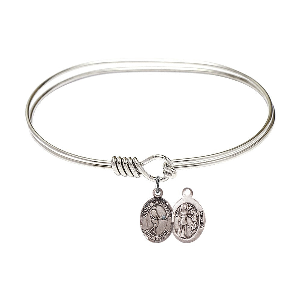 Adult 7" Oval Rhodium Plated Bangle Bracelet with St. Sebastian/Tennis Medal Charm