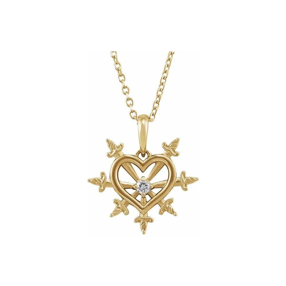Gold necklace features a heart pierced with swords design and a center diamond accent.