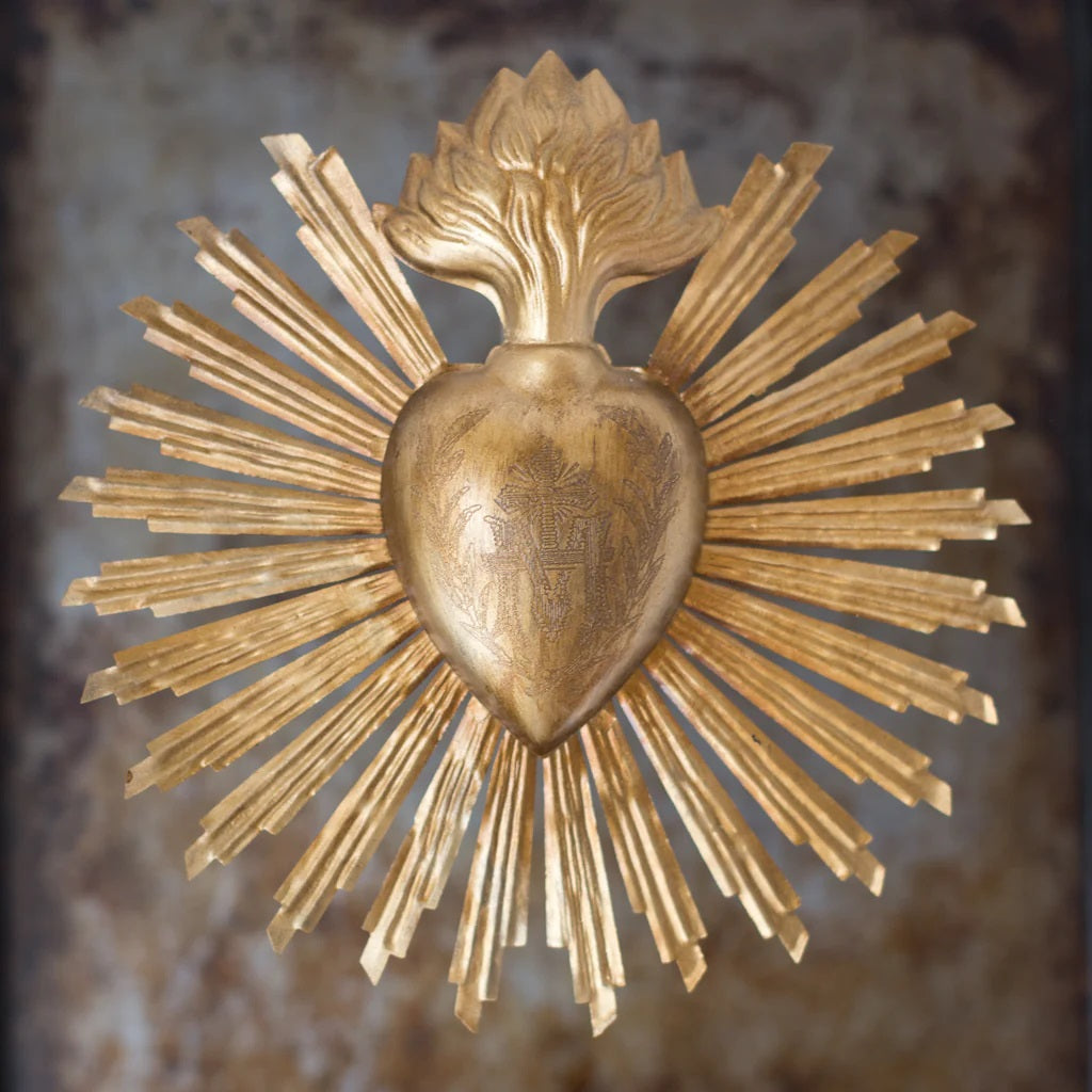 Gold Sunburst Sacred Heart Metal Wall Plaque - 7"