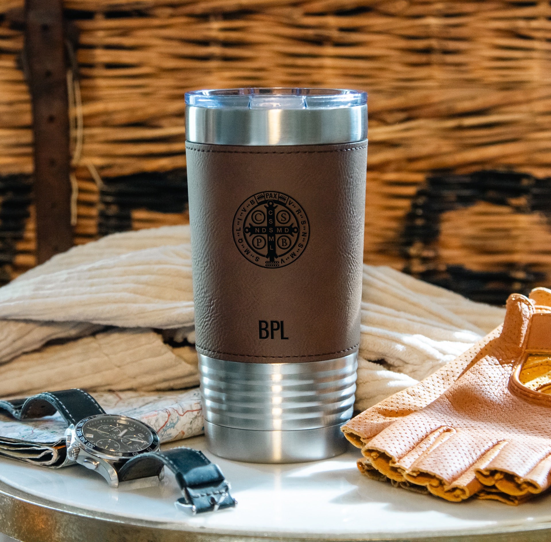 Personalized St. Benedict Stainless Steel & Leather Tumbler