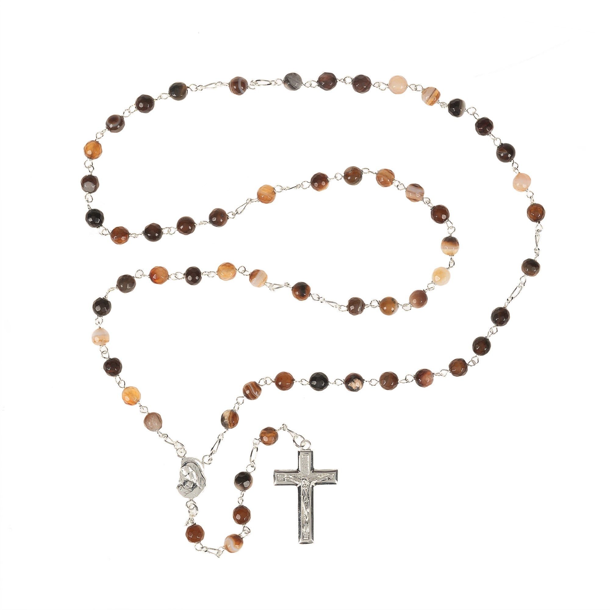 Catholic Rosary made of round striped agate beads and silver cross and connector.