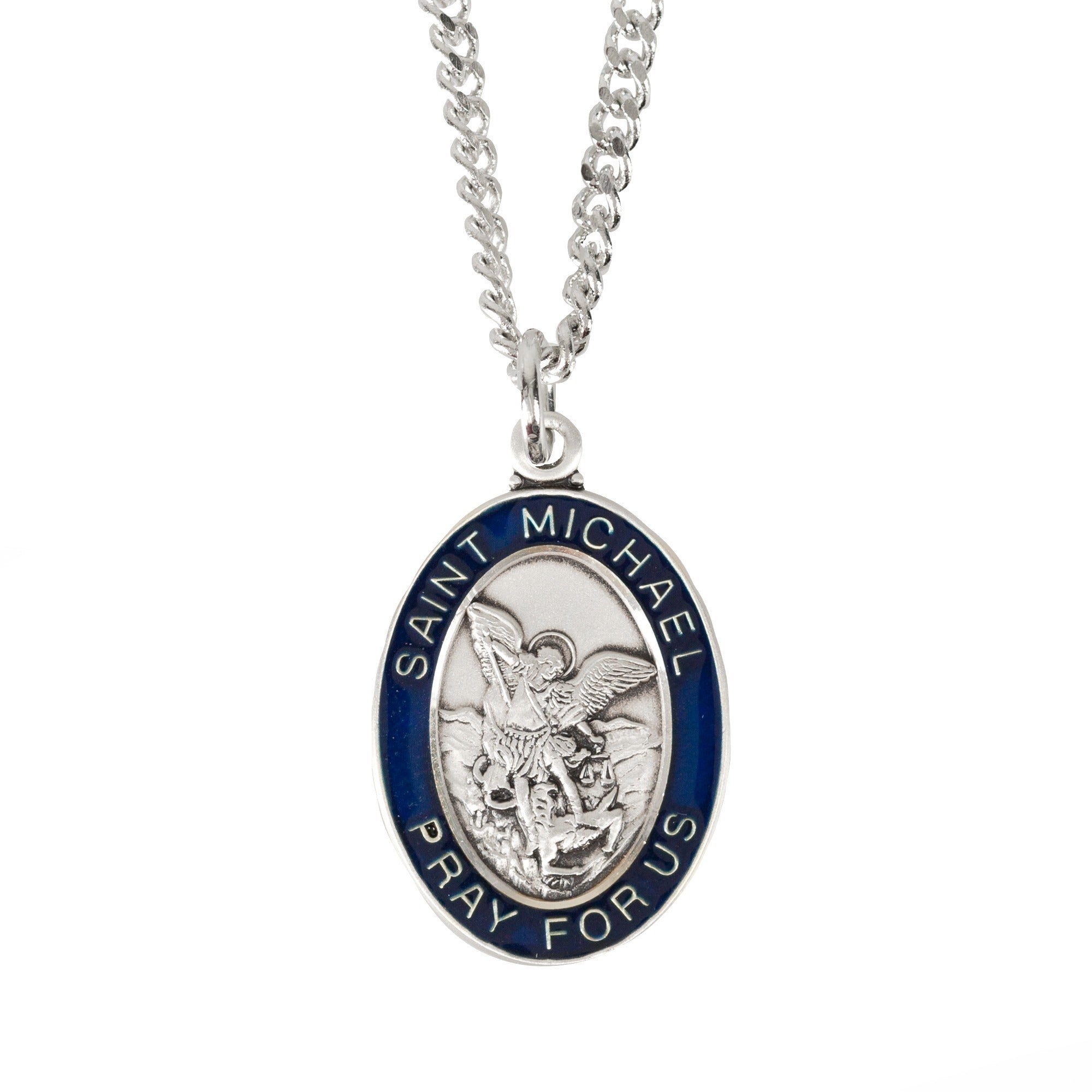 Sterling St. Michael Medal Necklace with Blue Border
