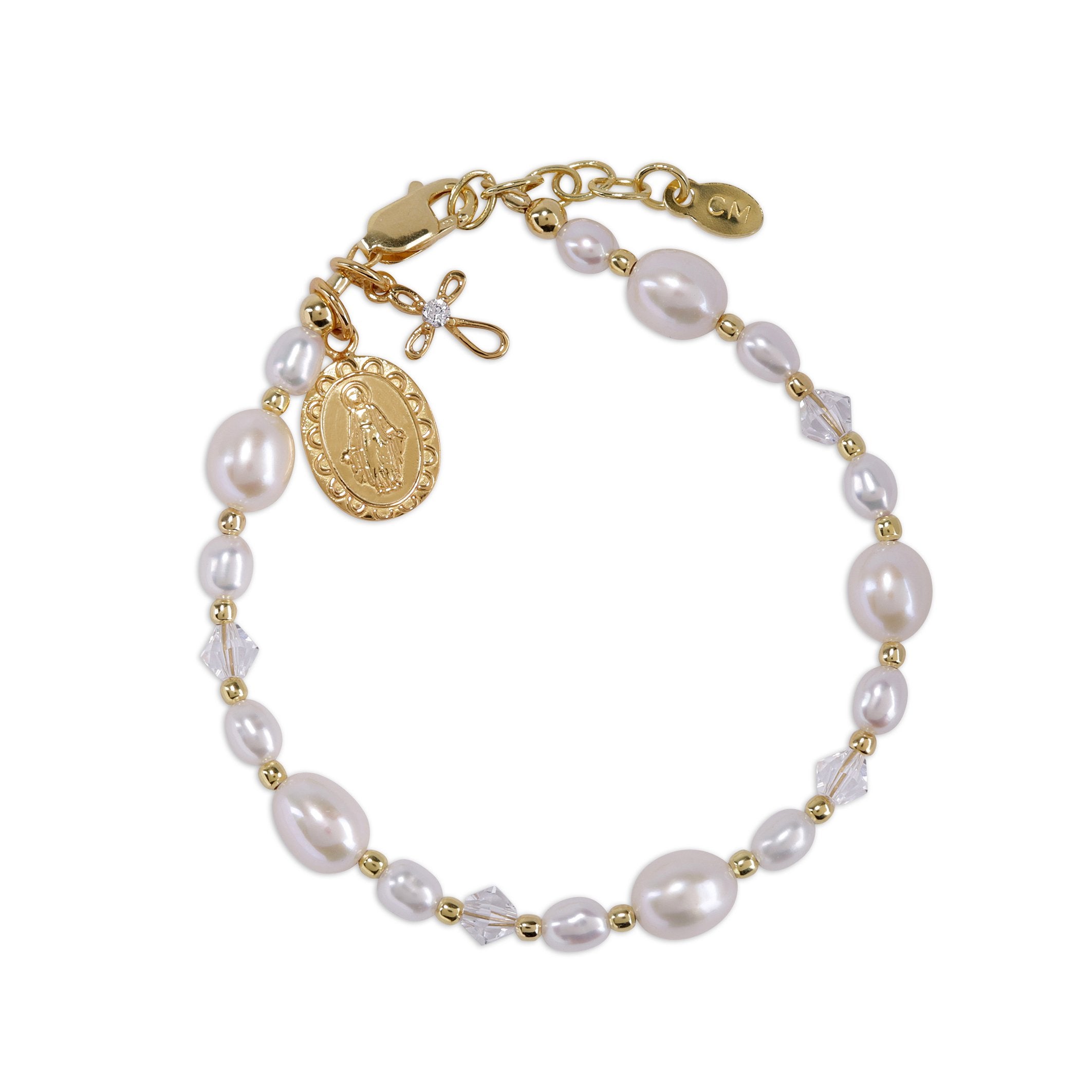 Girl's Gold, Pearl & Crystal Miraculous Medal Bracelet