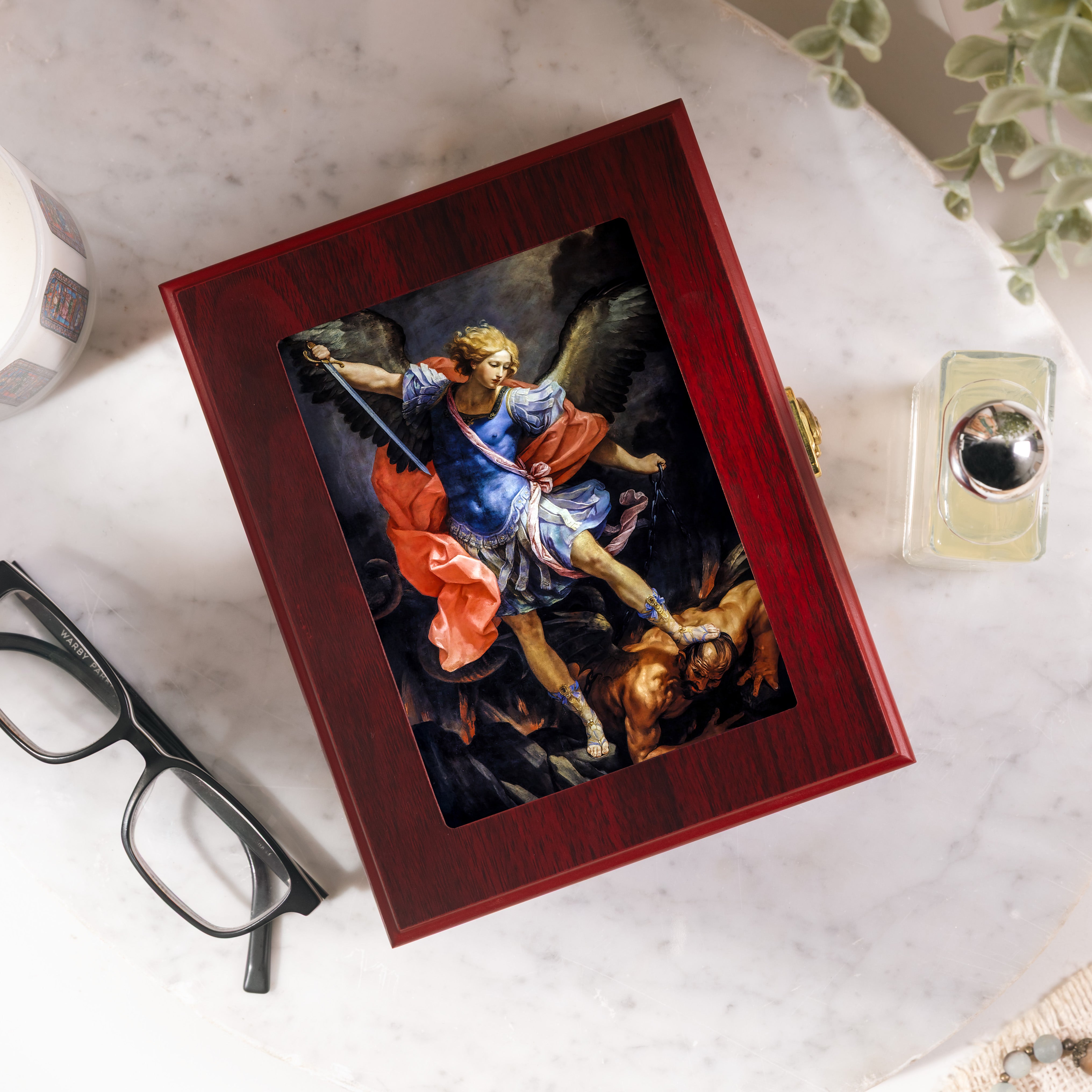 Archangel Michael Defeating Satan Cherry Rosary Keepsake Box