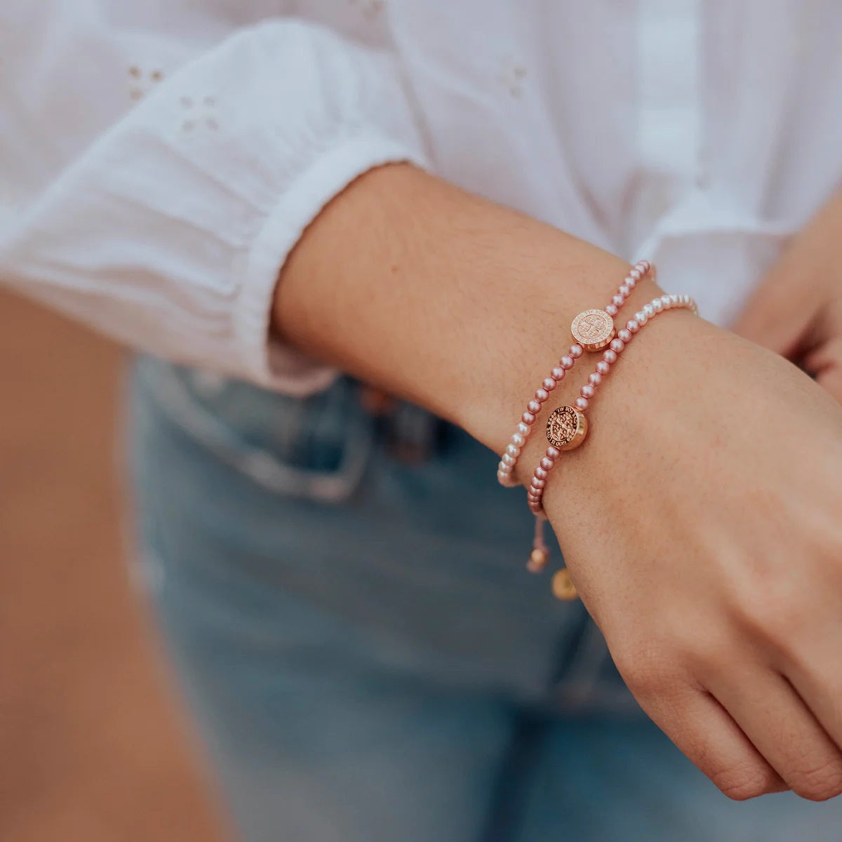 Ombré Pink Pearl & Rose Gold Cross Bracelet | The Catholic Company®