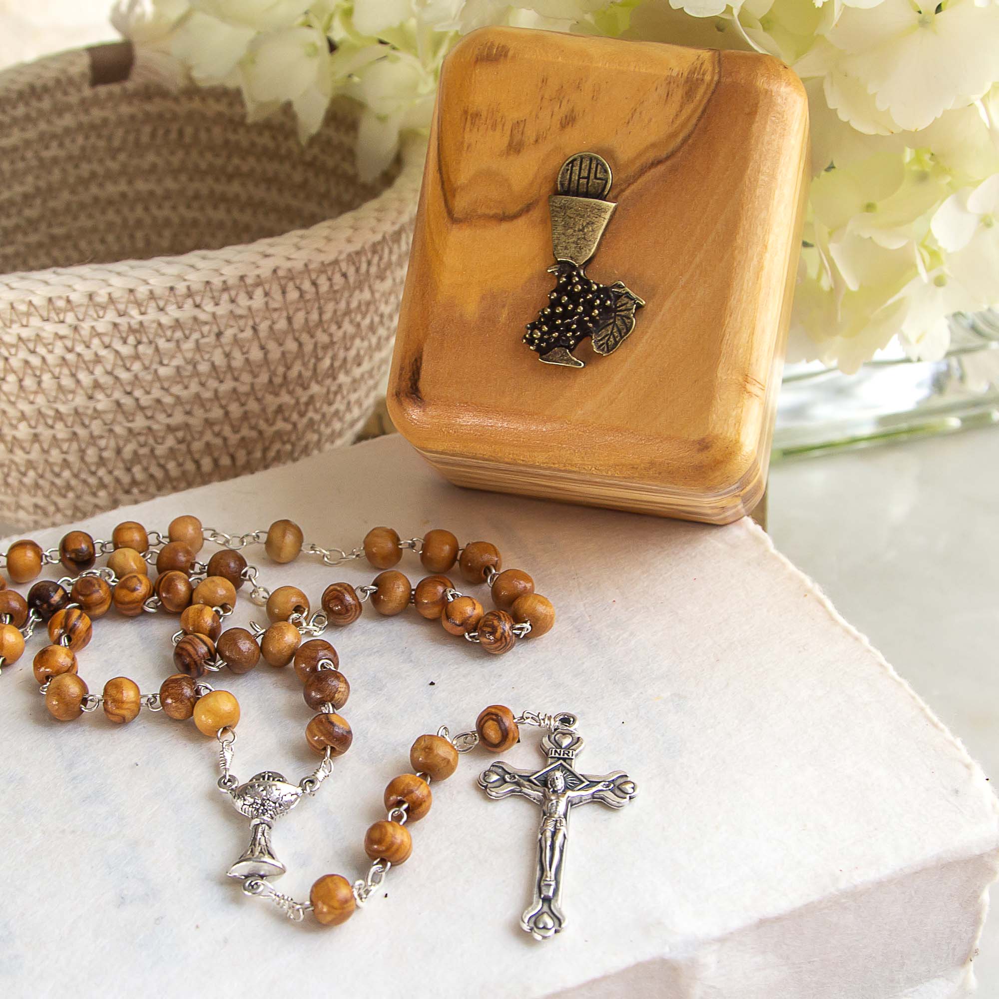 First Communion Olive Wood Rosary & Box