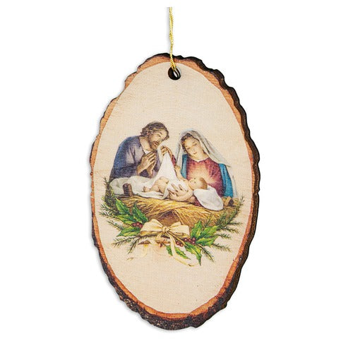 Faux Wood Colored Holy Family Ornament