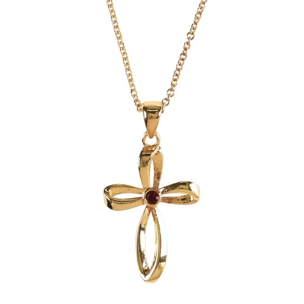 Gold-tone cross pendant necklace with a center maroon gem, and a delicate chain for a simple yet elegant design.