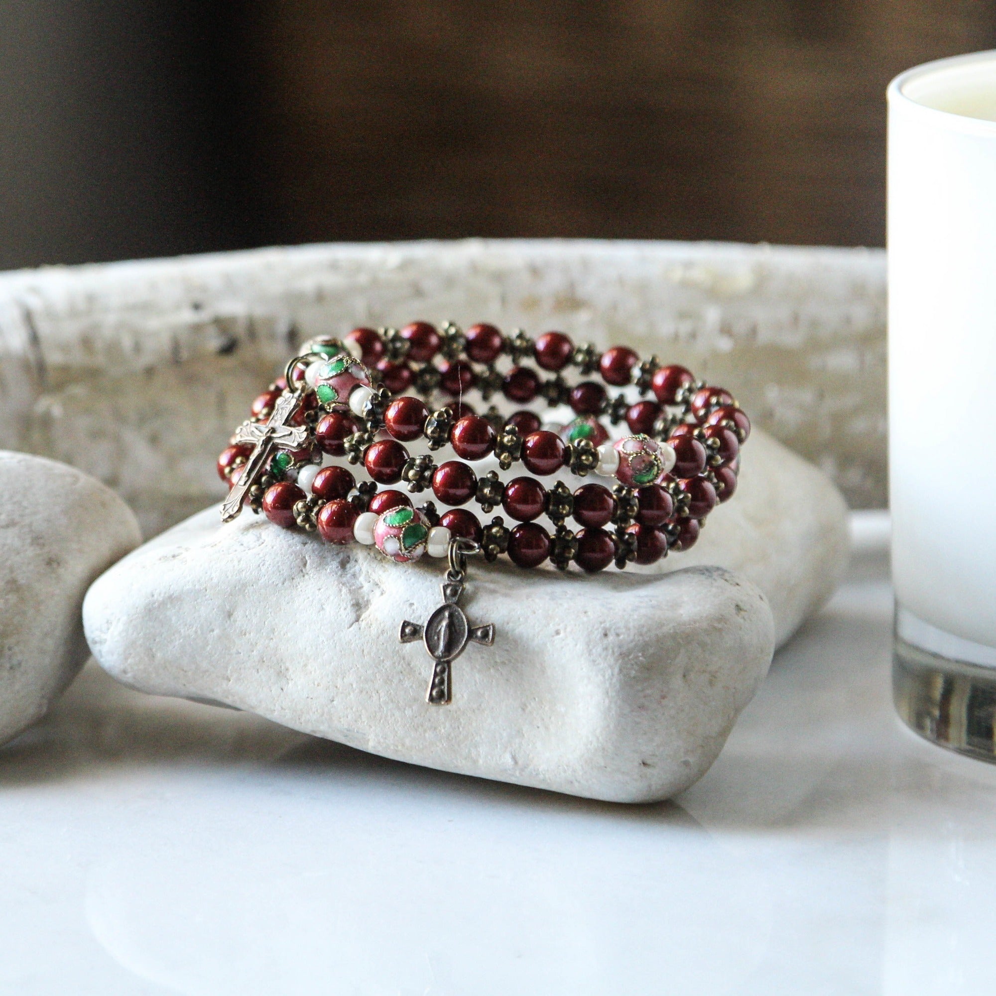Maroon Crystal Pearl Rosary Bracelet