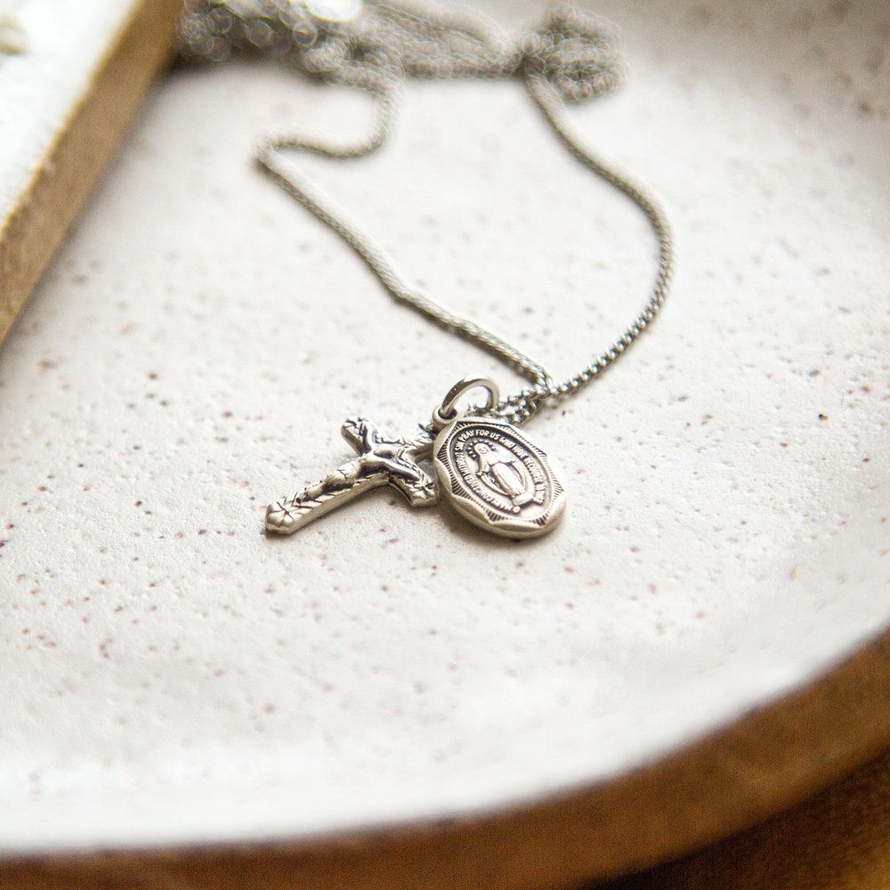 Petite Sterling Miraculous Medal & Crucifix Necklace