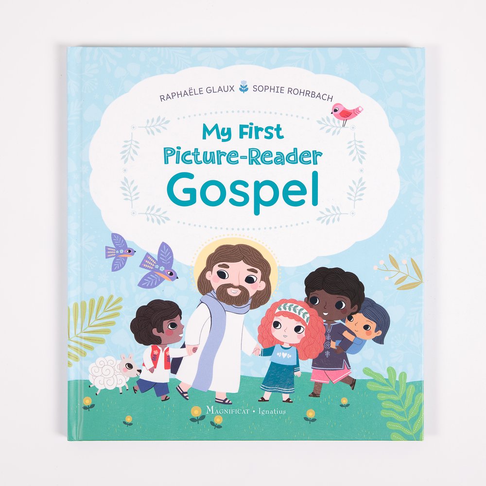 Illustrated "My First Picture-Reader Gospel" book with Jesus and children on the cover; bright cartoon style.