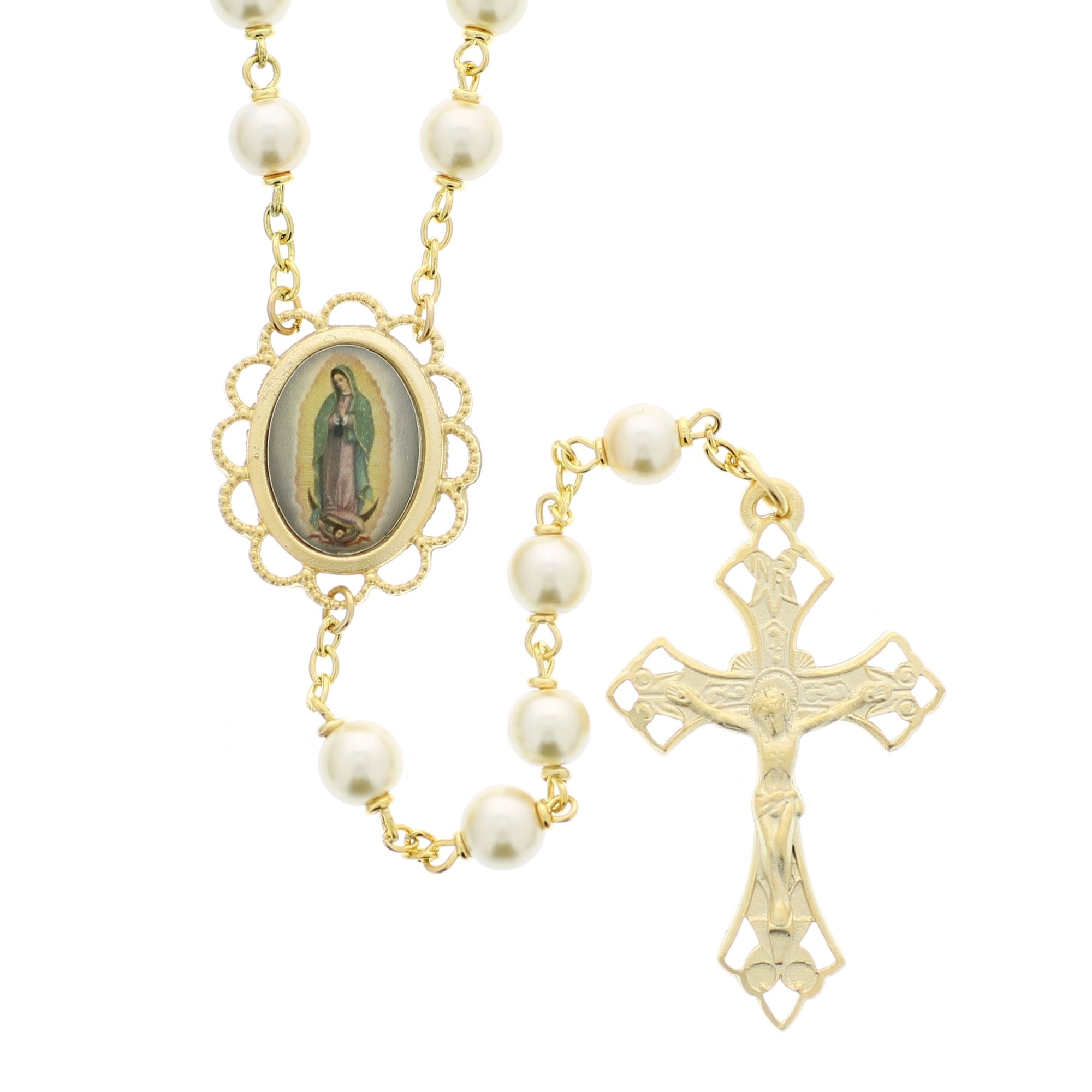 Virgin de Guadalupe Gold & Pearl Rosary