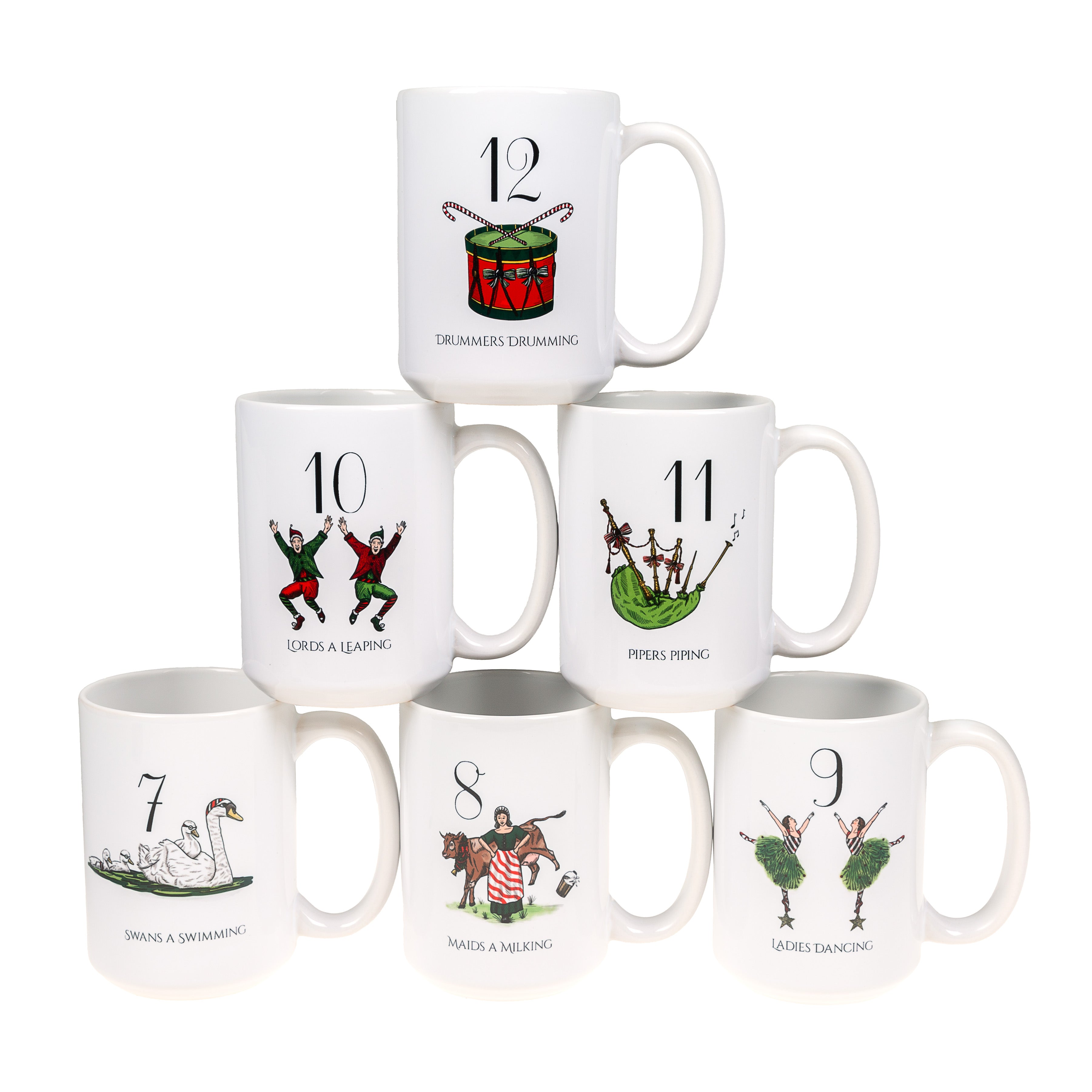 12 Days of Christmas Printed Mugs - Set of 6