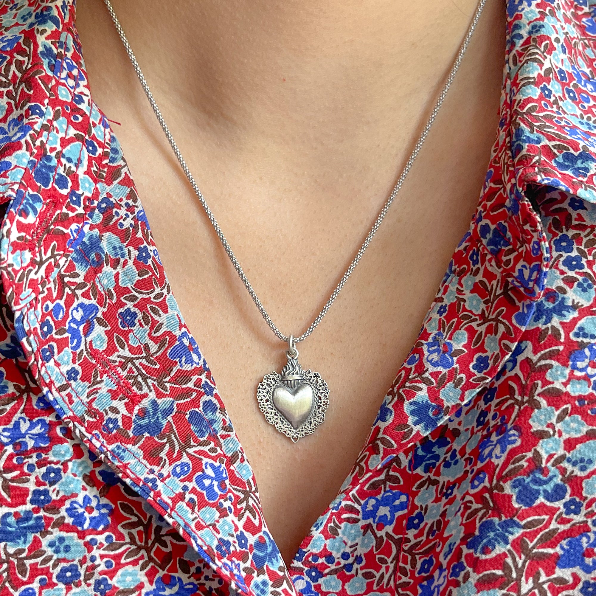 Antique Finish Sterling Silver Sacred Heart Necklace