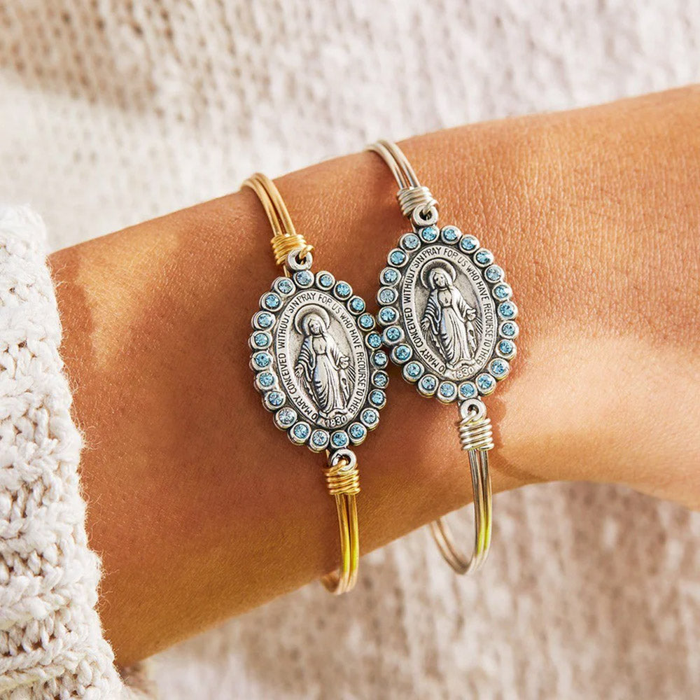 Blue Swarovski Crystal Miraculous Medal Bangle Bracelet
