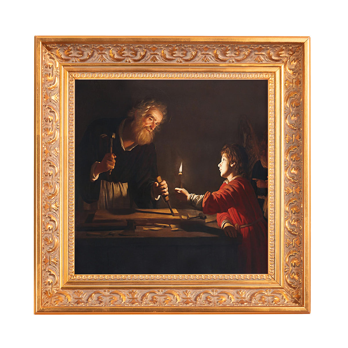 Framed painting of Jesus as a young boy with his father Joseph, gold ornate frame.
