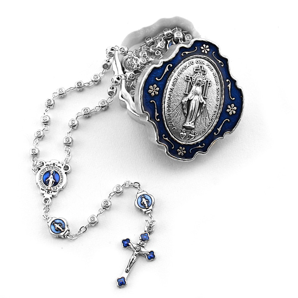Miraculous Medal Rosary with Blue Enamel Box