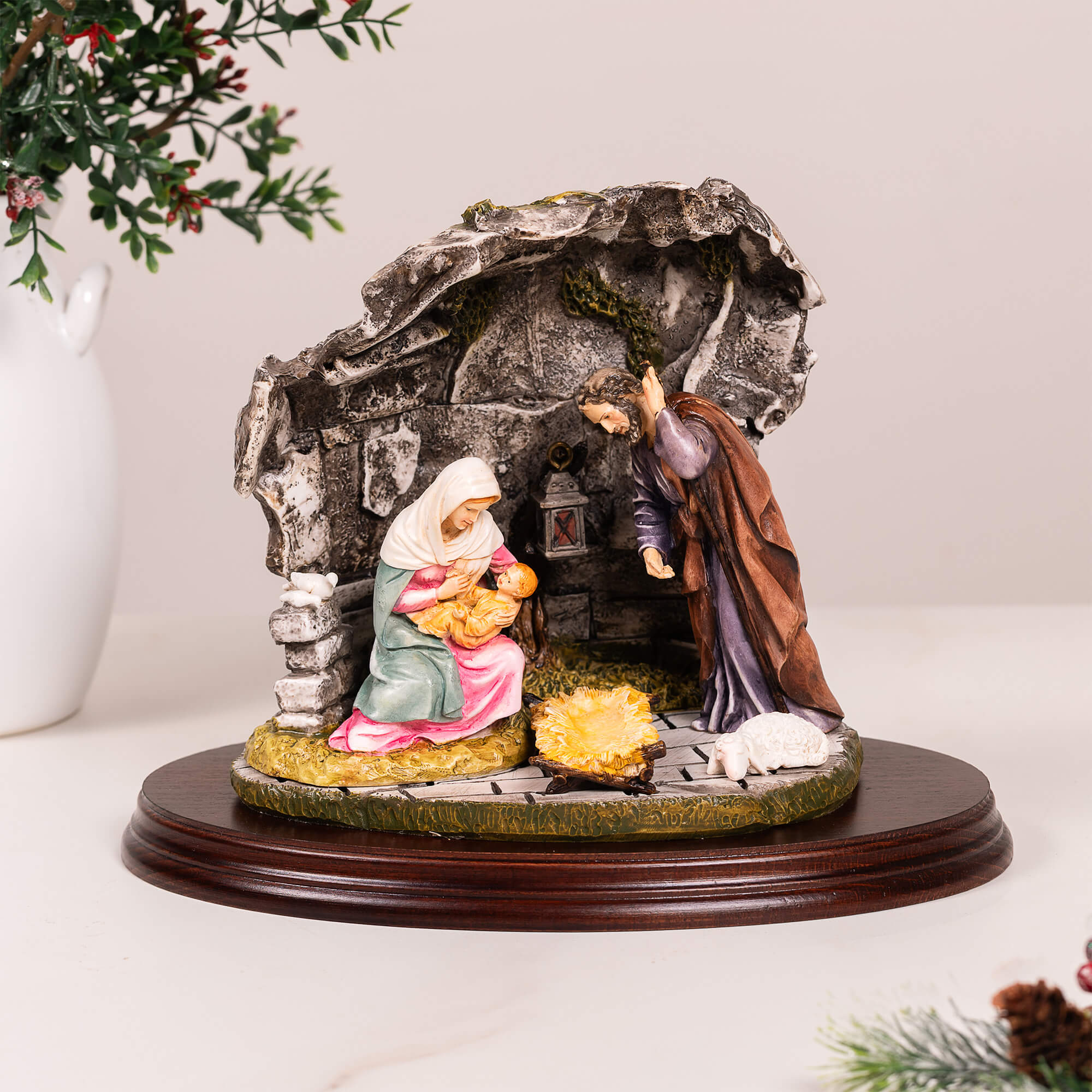 Holy Family in the Stable on Wood Base - 10"