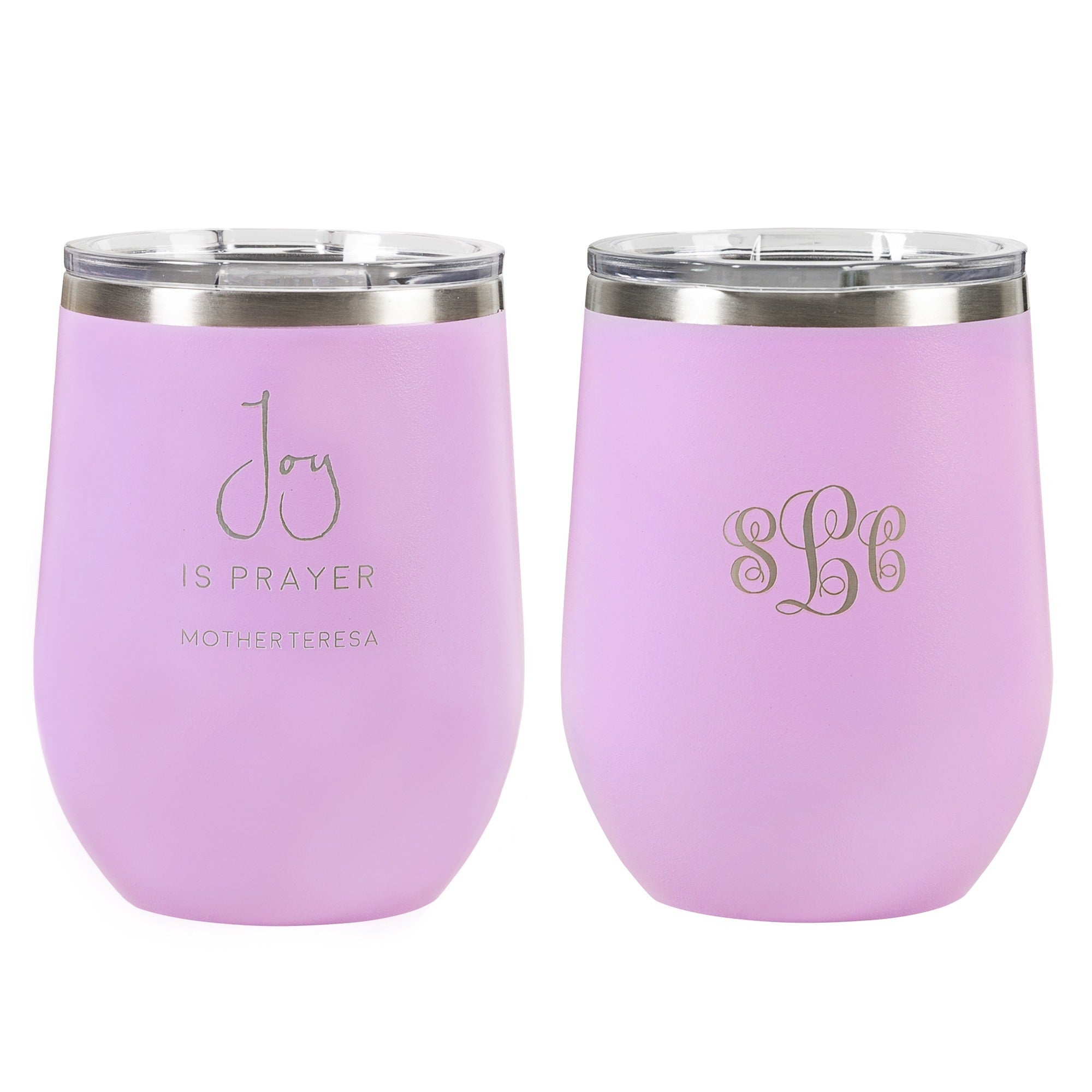 Personalized Joy Is Prayer Lilac Wine Tumbler