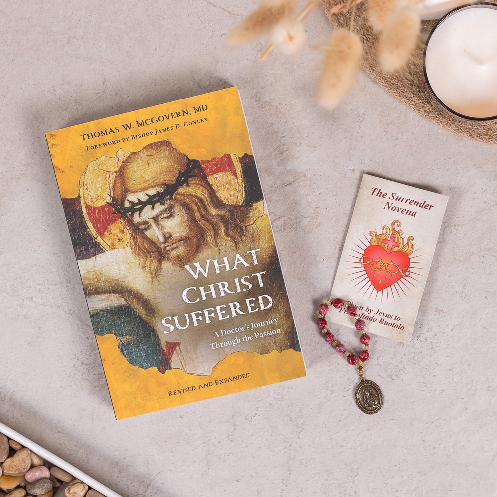 Catholic book and novena gift set with red rosary; brown, yellow, and red cover art.