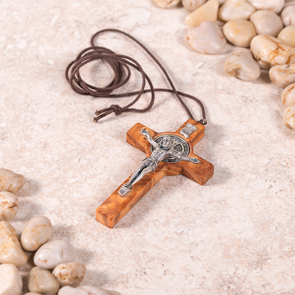Olive Wood St. Benedict Crucifix Corded Necklace